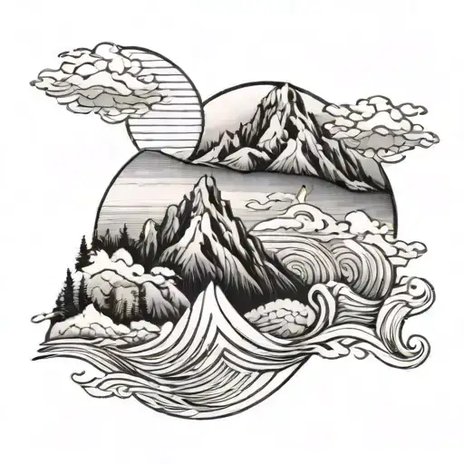 Fine Line Tattoo Of 2 Moutain Peaks With Sun Between Them And A Wave Below Mountain
