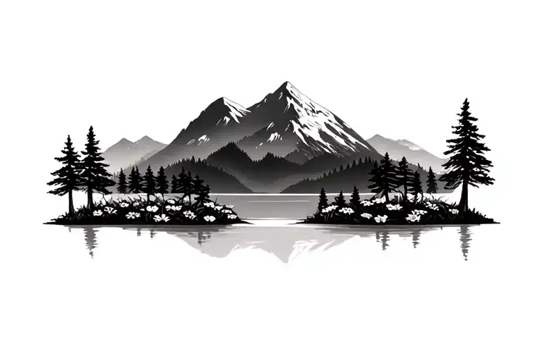 Mountain Background With Trees And Lake With Flowers Below