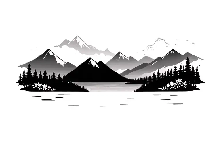 Mountain Background With Trees And Lake With Flowers Below