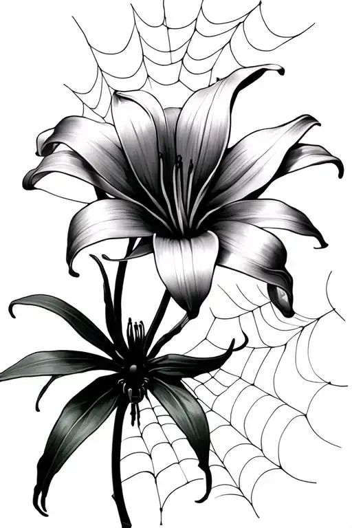 Spider Lily Flower With Spider Web