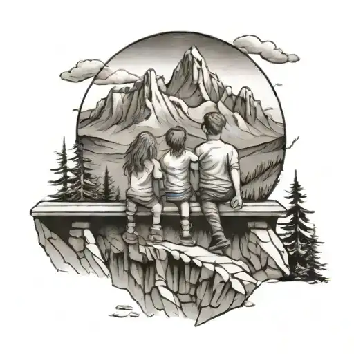 Mountains Up Top With 3 Kids Sitting On A Bench
