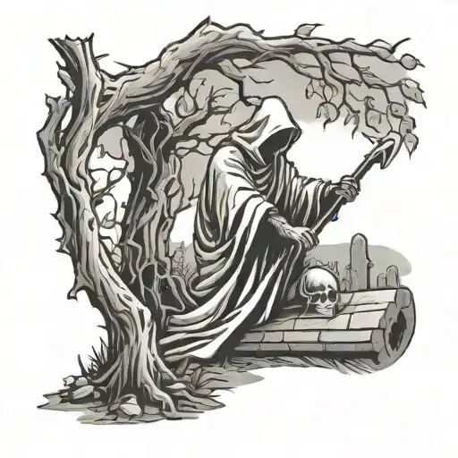 Grim Reaper In Graveyard With A Tree