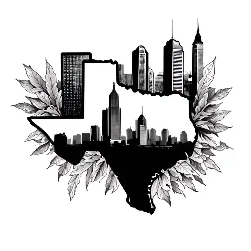 Texas Outline With The Dallas Skyline And Other Texas Themes