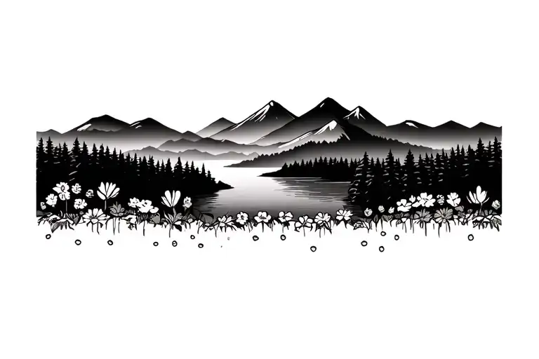 Mountain Background With Trees And Lake With A Band Of Flowers Across The Bottom