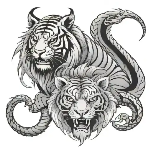 Chimira With Wings On The Body Of A Tiger And Heads Of A Dragon Tiger And Ram With A Snake Tail