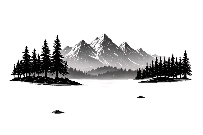 Mountains With A Few Big Trees And Lake In Foreground