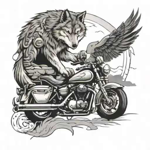 Wolf And Motorcycle And Birds