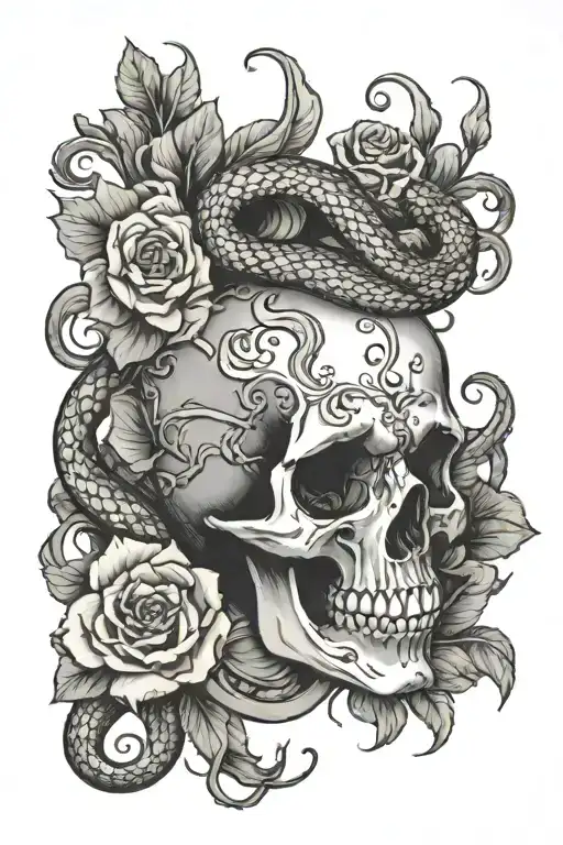 A Snake Slithering Through A Skull With Flowers And Medusa Surrounded By Flowers