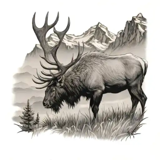 Bull Elk Grazing In A Field In The Shadow Of The Mountains