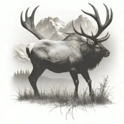 Bull Elk Grazing In A Field In The Shadow Of The Mountains