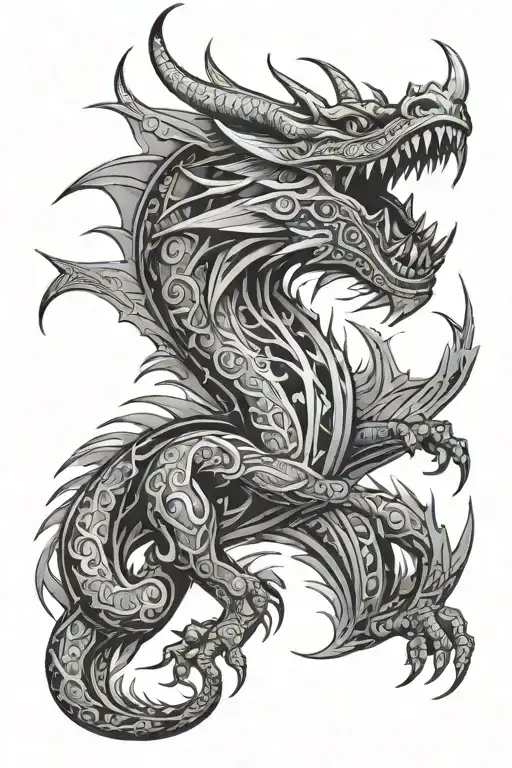 Tribal Dragon With Background Black And White
