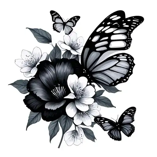 Colorful Butterflies And Black Flowers Leafs Cherry Blossom