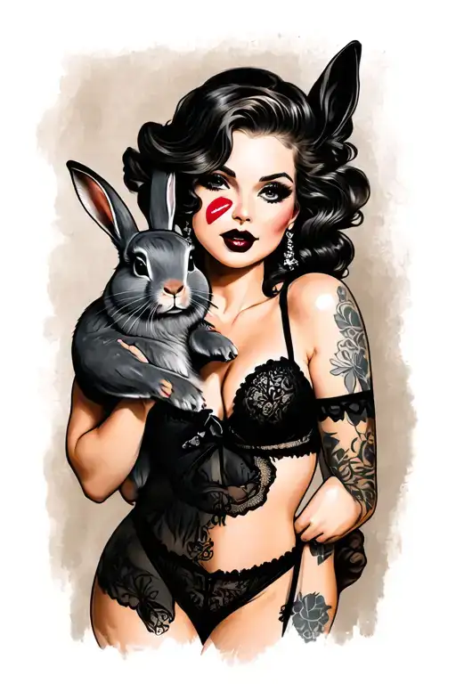 Pin Up Girl Wearing Lingerie Holding A Grey Rabbit With A Lip Mark Incorporated Into The Design