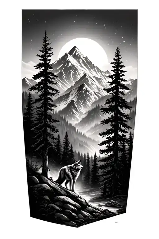 Nature Trees Mountain And Wolf Howling