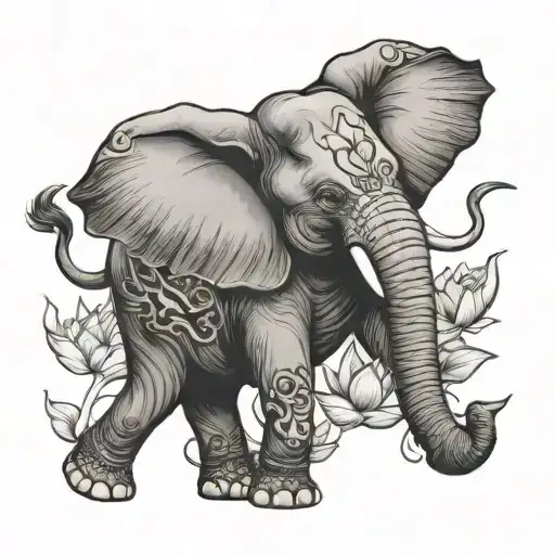 Elephant And Lotus Flower Blooming