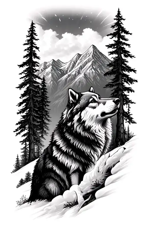 Nature Trees Mountain And Wolf Howling