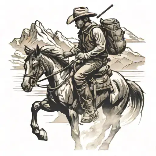 Cowboy On Horse Looking At Mountains