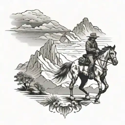 Cowboy On Horse Looking At Snowy Mountains