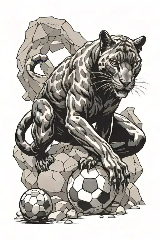 Panther Climbing Down Rocks With Paw On Soccer Ball And Tail In Making An 8