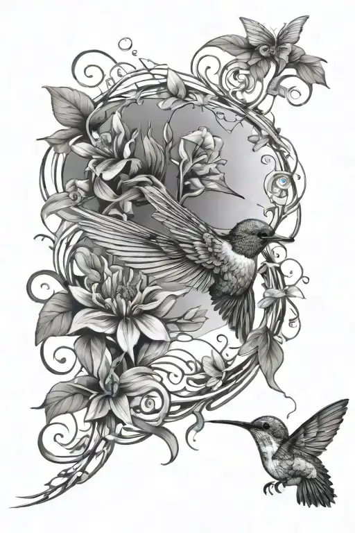 Hummingbird With Vines Wrapping And Butterflies And The Sun