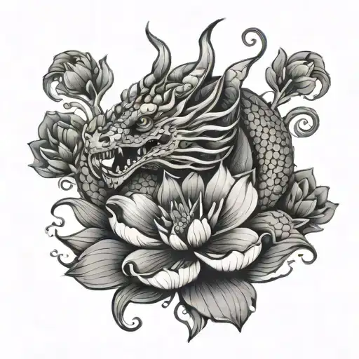 Dragon And Lotus Flower Blooming