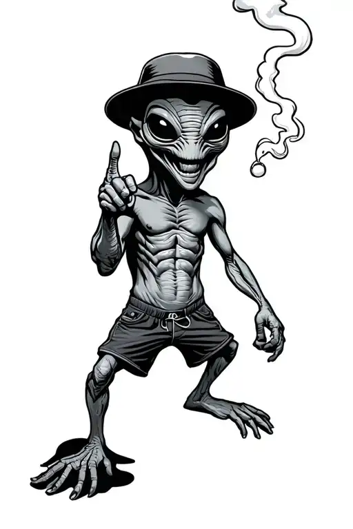 Alien On Shorts With A Hat Smoking And Pointing Fuck You Finger