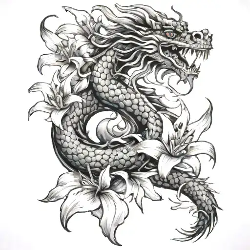Chines Dragon And A Lily Flowers Growing