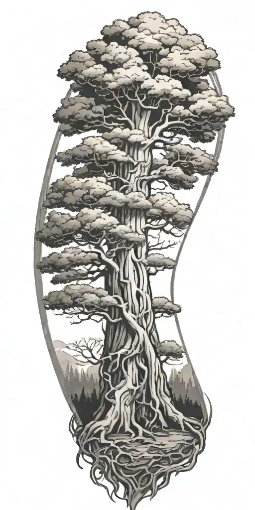 Sequoia Tree Growing With Roots And A Hindu Crown Surrounded