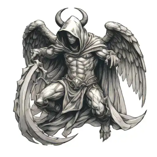 Hooded Arch Angel Defeating A Demon Tattoo Sketch