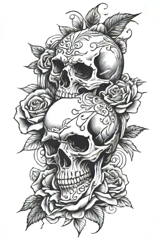 Half Sleeve Tattoo Featuring A Skull Stabbed By A Dagger Surrounded By Roses