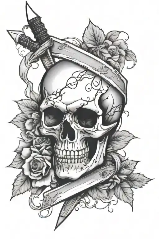 Half Sleeve Tattoo Featuring A Skull Stabbed By A Knife