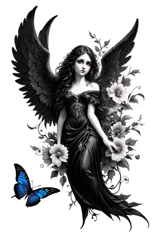 Gothic Angel With Butterfly And Flowers