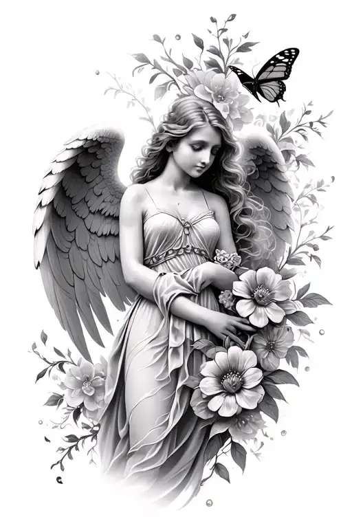 Realistic Angel With Butterfly And Flowers
