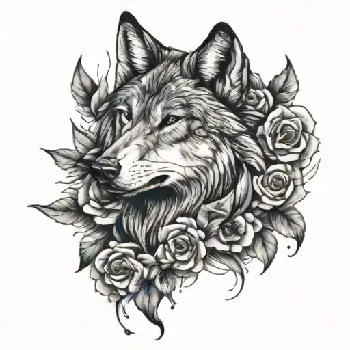 Wolf With Flowers Surrounding