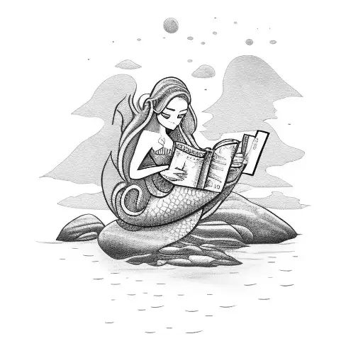 A Mermaid Reading A Book On A Rock In The Middle Of The Ocean