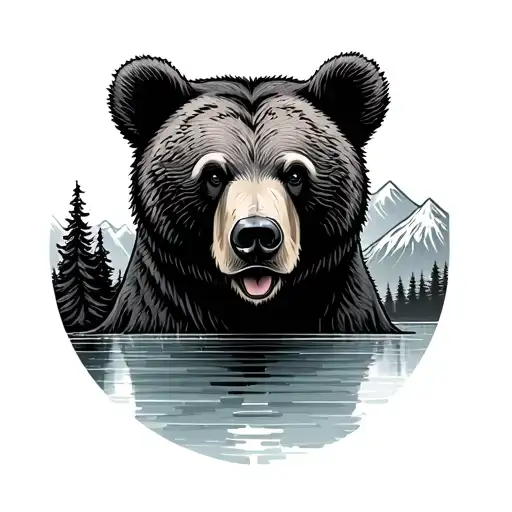 Lake And Mountains Incorporating A Bear