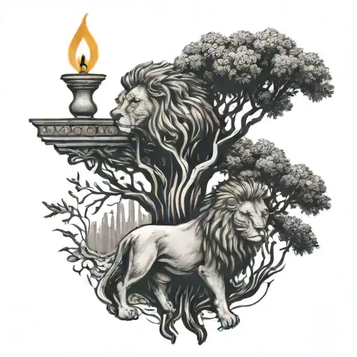 A Lion And Olive Tree Combined To Form A Unique And Symbolic Design With 7 Candles