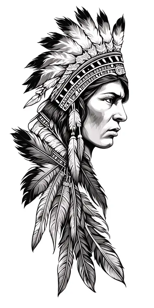Native American Sleeve Tattoo With A Lot Of Feathers