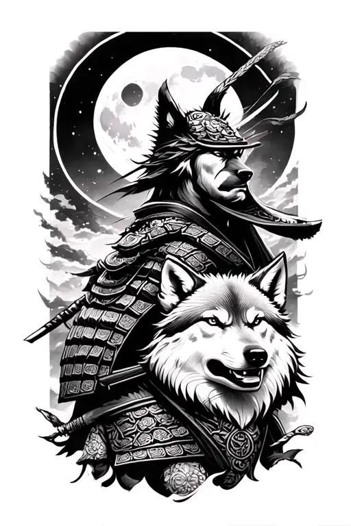Samurai And Wolf And Moon Surrounded