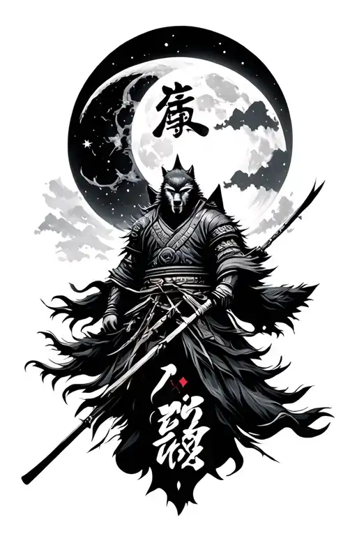 Samurai And Wolf And Moon Surrounded