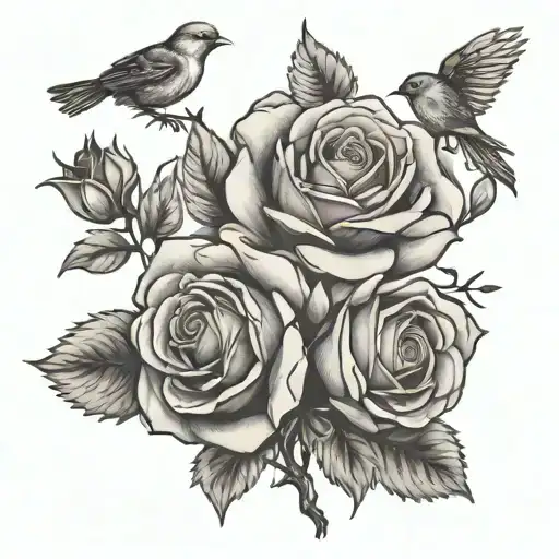 Rose And 3 Birds Over With Birth Date Tattoo Design
