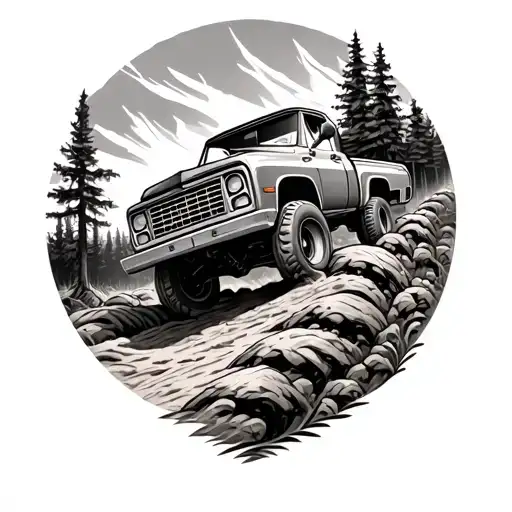 A Black And Grey Tattoo Of A Rugged Truck Driving Through A Forest Trail
