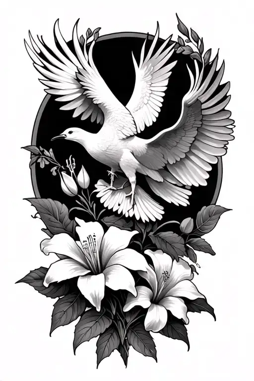 Lillie And Hybiscus Flowers With A Small Phoenix Rising