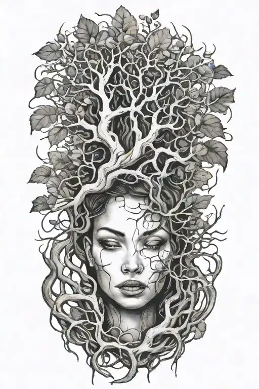 Beautiful Girl Face And Tree Roots Morphed Together