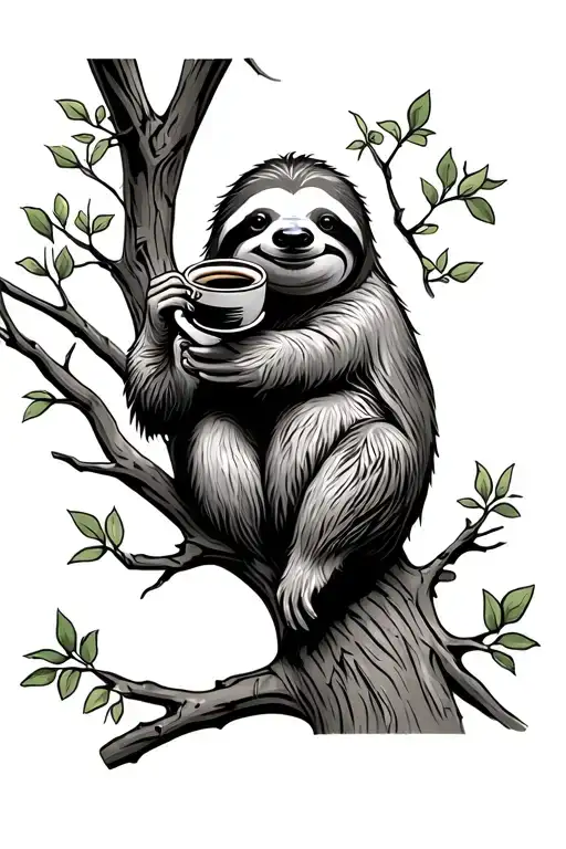Sloth Drinking Coffee On Tree