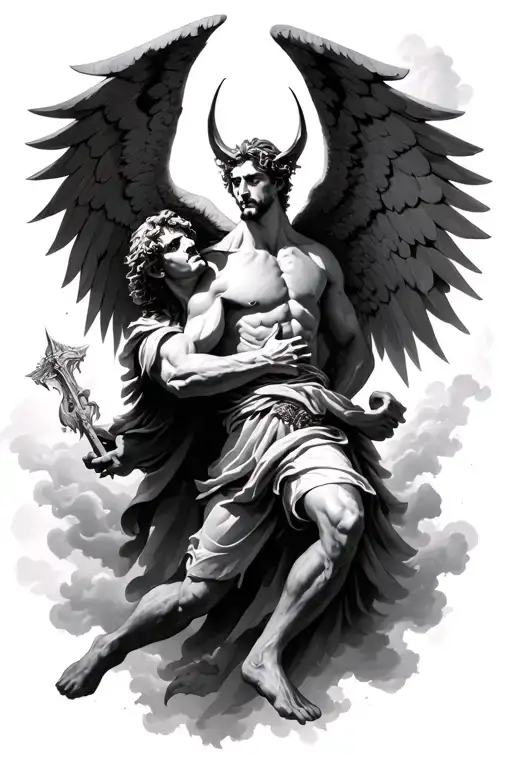 Archangel Michael Defeating Lucifer With A Cloudy Background