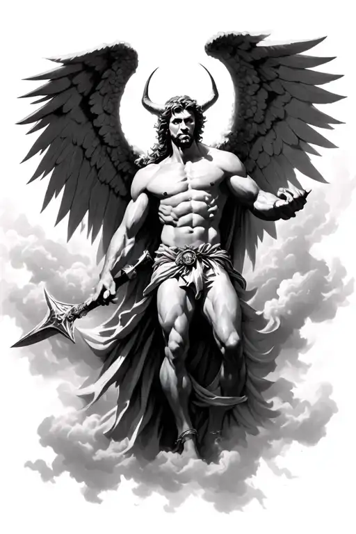 Archangel Michael Defeating Lucifer With A Cloudy Background