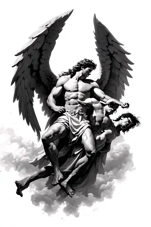 Archangel Michael Defeating The Fallen Angel With A Cloudy Background