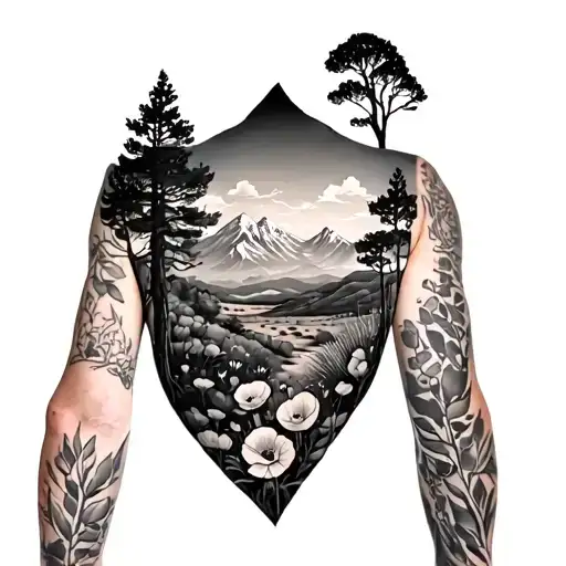 A Full Arm Sleeve With Trees Mountains And The Sky Then A Desert As Well As California Poppys