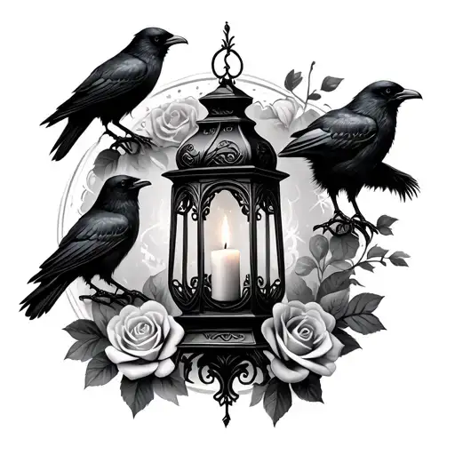 A Gothic Lantern With A Candle Shown Inside Surrounded By Ravens And Roses